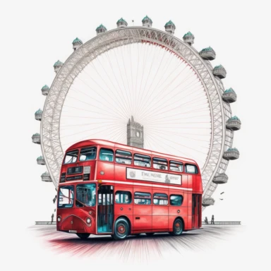 imaginevibrant london red bus driving past The london eye detailed colourpencil drawing clipart svg white background