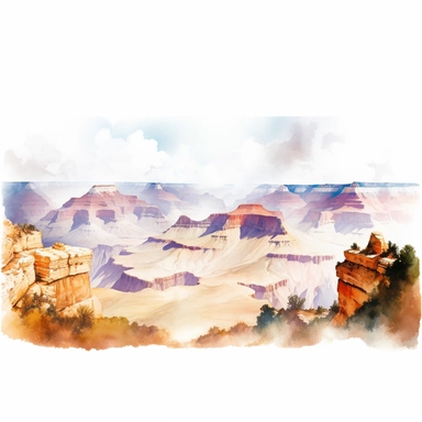 vast panoramic view, full view, illustration clipart, soft watercolor, beautiful grand canyon landscape, sharp focus, high detail, romantic, fantasy, ethereal, transparent background