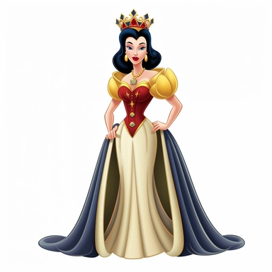 FULL-BODY PERSPECTIVE OF A 2D DISNEY CLIPART ILLUSTRATION OF A BEAUTIFUL AND BENEVOLENT QUEEN, WHITE BACKGROUND, STYLE OF DISNEY'S 1937 MOVIE SNOW WHITE, WHITE BACKGROUND