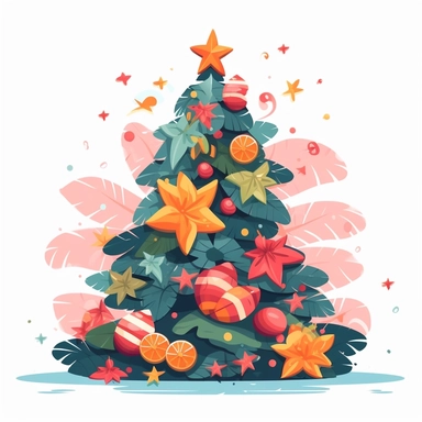 decorated Christmas tree in tropical style serene feeling flat illustration clipart white background