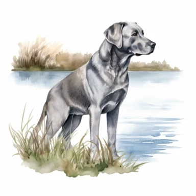 Hand drawn silver Labrador, at the lake, with grass, very detailed and realistic, watercolor, white background with margins, clipart style