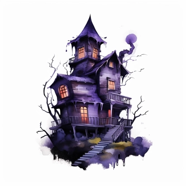 watercolor style, spooky halloween haunted house clipart, haunted house decorated in creepy Halloween style decor, whimsical Halloween witch house, isolated on white background, 4K, dark, night scene