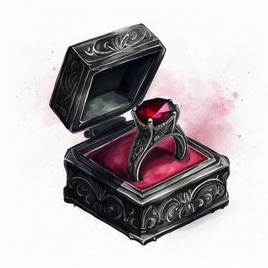 gothic engagement ring black velvet box with very expensive ruby ring ? ? ? ??? valentines day elegant romantic high detailed photorealistic watercolor and ink clipart on a white background anime detailed textures