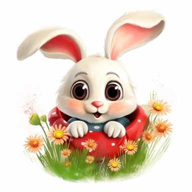 Cuddly Bunny Clipart nestled inside a blooming flower with a friendly ladybug on its nose in the style of oil painting, on a white background