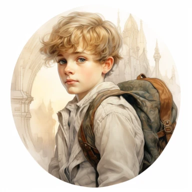 very beautiful boy with schoolbag, vintage, white background, round clipart with pastel color, detailed and lovely Renaissance painting