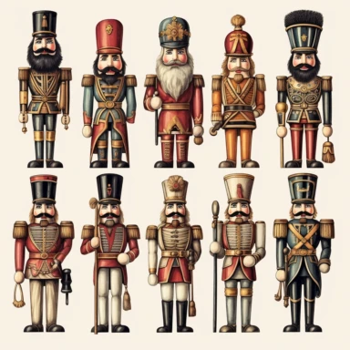 6 nutcrackers clipart, detailed, 8k, national geographic retro, retro style, vintage style, vivid colors, drawing illustration, high quality, very detailed, isolated on white background, UHD