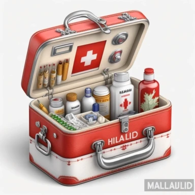 first aid kit, realistic and watercolor, clipart, medical supplies, open red, suitcase, first aid kit, png full body realistic cartoon in 32K UHD cute, 15 cm thick outline, no shadow on the ground, realistic watercolors and detailed illustrations, png clipart, white background