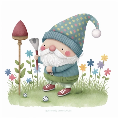 A watercolor painting of gnome playing golf, Gonk, cute gnome boy, golfing gnome, cute detailed digital art, inspired by nicoletta ceccoli, by Kubisi art, whimsical and cute, by nicoletta ceccoli, cute detailed artwork, glimmering, adorable and whimsical, whimsical art, Clipart style, png style, svg style, blank white background, a solid white background