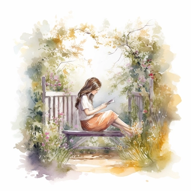 beautiful girl reading in a garden with floral fence, illustration for book lover, in the style of romantic academia, pretty, realistic watercolor paintings, transparent/translucent medium, clipart, isolated on white background, pont-aven school, dusty piles, optical