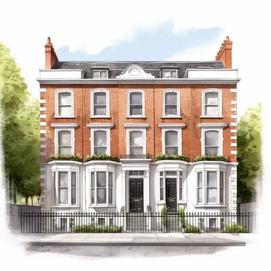 Isolated images, illustrations on a white background, facing front, elevation view, Georgian red-brick four storey terraced house on Merrion Square Dublin Ireland, Clipart, watercolor, realistic, isolated, full building, highly detailed, hdr, 32K, photo expert quality, watercolor realistic, hyperrealistic and highly detailed, isolated on a white background