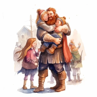 a viking finally at home greeting and hugging his wife and chidren watercolor clipart