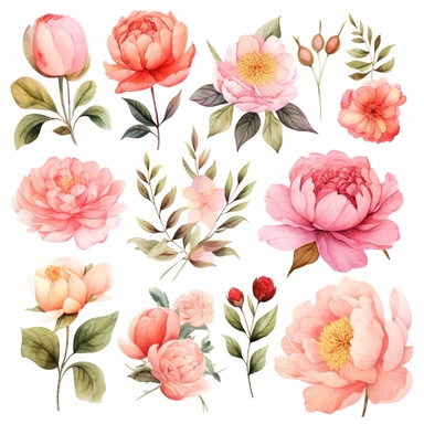 Handpainted romantic set with watercolor peonies, flowers, roses and leaves.15 lovely clipart isolated.Perfect your project,greeting cards,wedding,Birthday cards,bouquets,wreaths,invitations,logos