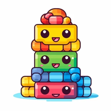 cute clipart icon of lego like toys, colorful, rainbow, kawaii, anime style, in white background, soft color blending, rounded