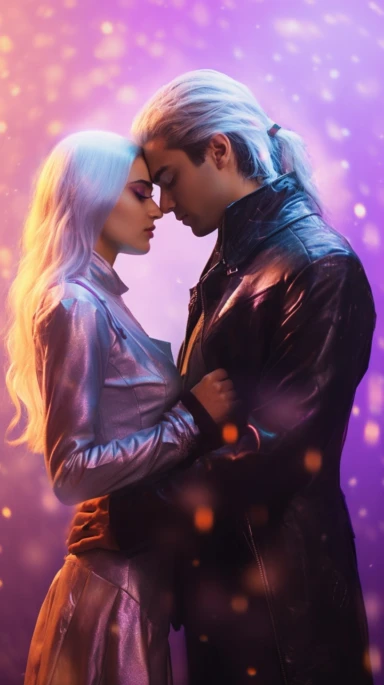 Clipart, just real, cinematic lighting, couple of elf lovers, kiss , white hair, man with medium hair, green eyes, fantasy background, synthwave style, 8k,