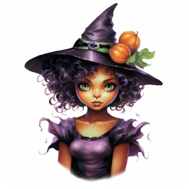 hand drawn black girl kitten with green eyes wearing a purple and orange Halloween dress, fantasy, glamorous, with a matching witch hat, clipart style, detailed and realistic, watercolor, white background with margins