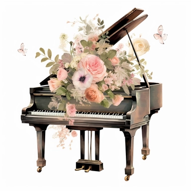 baby grand piano spring floral clipart, white background