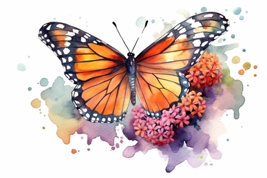 Watercolor, Create an image featuring a butterfly gracefully landing on a milkweed flower, aiding in the survival of monarch butterflies, clipart, hd, on a white background, spaced out
