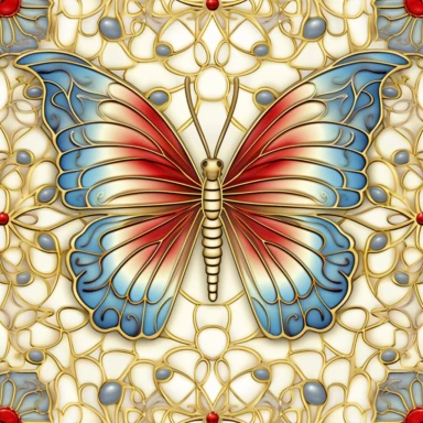 Seamless pattern, butterfly clipart, multi color with metallic gold overlays, Pixar style, vintage ivory background — tile
