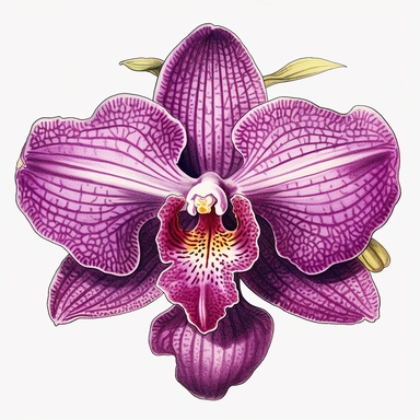 Visualize an intricately hand-drawn orchid clipart. This botanical illustration features a striking, elegant orchid, known for its exotic beauty and grace. The petals are meticulously drawn in a vivid purple tone, capturing the unique, symmetrical form that makes the orchid an emblem of refinement and sophistication. The central column of the orchid, a characteristic feature of the flower, is carefully detailed to highlight its unique anatomy. Supporting this blooming spectacle is a slender, arc
