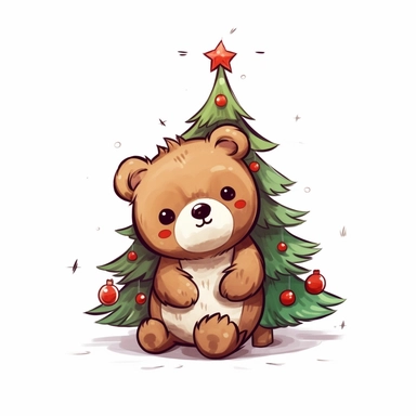 Clipart of a cute brown bear with a chrismas tree kawaii style full multicolor white background