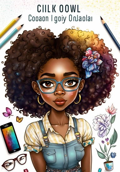 2d watercolor clipart kawaii, spring, april, character of beautiful african american woman, Intricately rendered dark Skinned woman, full body portrait, intricately rendered, 8k, short thick curls brown hair, sparkles, generously detailed, hyper realistic, digital, long rainbow eye lashes, beautiful retro comic urban chick, smart, books, nerdy, glasses, 4k,