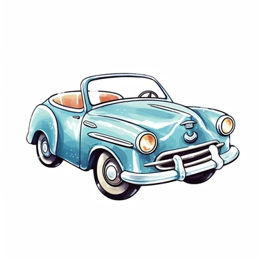v Vintage Hand painted clipart of a Metal toy car in the style of vintage nursery kitsch Lefton, retro midcentury 1950’s, white background, contour