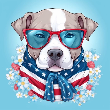Super cute, American flag with pitbull scarf and sunglasses Sublimation Clipart, Cartoon funny, Cute anime, Very detailed, firework blue background