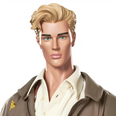 Beautiful handsome Ken doll 50's style, paint art style, detail, clipart, white background, superrealistic, one of a kind