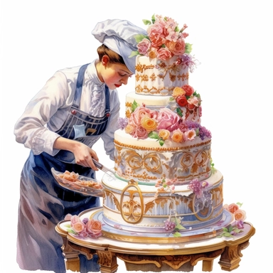 watercolor, hyper realistic, white background, white margins, 16k, ultra detailed clipart, cut out image, hand-drawn a Victorian baker decorating an elaborate cake with intricate designs and piping techniques, surrounded by an array of decorative elements like sugar flowers and ribbons.