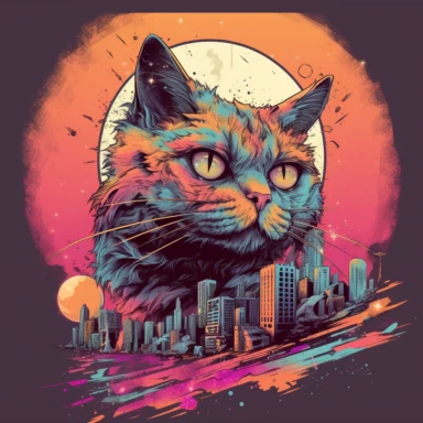 artwork for t shirt graphic of majestic vibrant color magnificent funny cat laser coming out from it's eyes destroying cities, in a pencil drawing style, A vibrant featuring a moon on a city, with soft pink sky and a hint of orange in the horizon white background, colorful shades, Centered, highly detailed clean, vector image, photorealistic, masterpiece, professional photography, realistic, flat white background, isometric, vibrant vector, clipart, illustration, realism, 4k, surrealism, cinemat