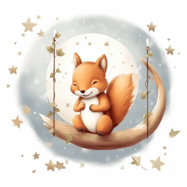 Cute squirrel illustration, realistic adorable squirrel sleeping on a soft moon surrounded by stars, sleepy happy clipart, nursery style clipart, Nursery Animals Art, Kids Wall Art, Kids Room Decor, Baby Room Decor, isolated on white, ultra - detailed, high quality, ghibli style, award winning