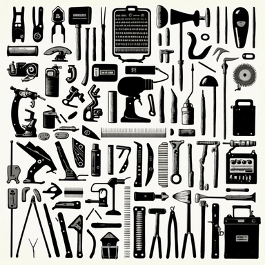 a black and white picture of various tools, a silk screen, fluxus, clipart, rows of tools, hammer, golf club, football, syringe, camera, drill, scissors, guitar, horn, axe, radio, sword, pliers, crowbar, airhorn, binoculars, blowtorch, shotgun, hockey stick, chainsaw, shovel, pitchfork, ladle, frying pan, creative commons attribution, business logo, (dark shorter curly hair), cogs:1000, 2010