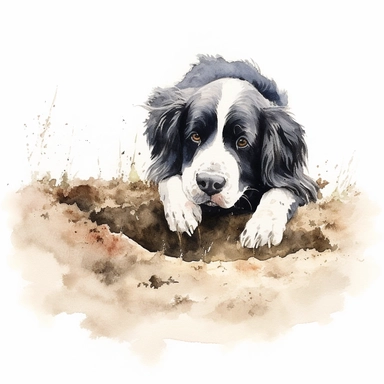Landseer, digging in the dirt, watercolor, Clipart, white background, no text, no caption