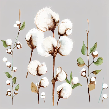 watercolor clipart, vector, hand painted, white fluffy, puffy, cotton ball plant stems, on white background, extreme detail, photo realistic, 8k