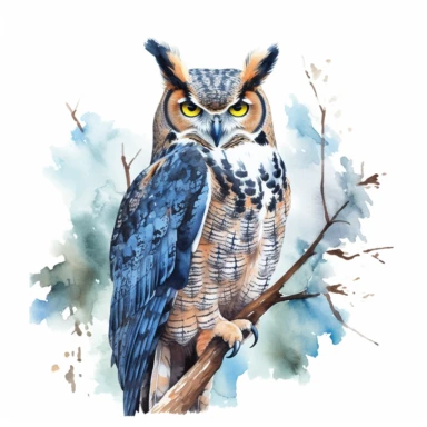 Great Horned Owl, water color style, clipart, white background
