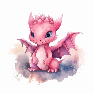 Watercolor fantasy baby dragon clipart full body, flying and sitting, pink color palette, hand painted, white background