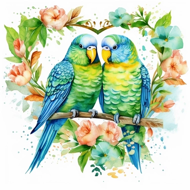 watercolor clipart, two green Budgerigar Parrots in love with tropical gardens, sweet hearts around, watercolor sublimation design, Sublimation Clipart, hyper realistic, intricate detail, illustration style, isolated on white background for removing background, Super-Resolution, Megapixel
