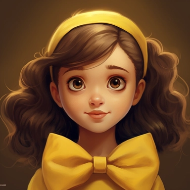illustration concept of cartoon matilda from netflix show with a bow clip art, in the style of lilia alvarado, yellow and gold, poodlepunk, walt disney, realistic portrait drawings, charming anime characters, 32k uhd