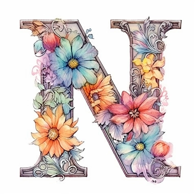 Pastel Vintage Flower Alphabet  M  Watercolor and ink Clipart, Cartoon, anime, hyper-realistic, high contrast, intricate detail, illustration style, high solution on the white background, J