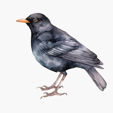 Watercolor blackbird clipart, white isolated background, space out, hd