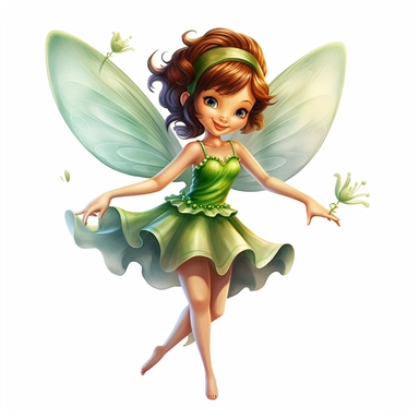 Cheerful little fairy with green wings, standing on tiptoes, exuding happiness through a smiling face, deep, captivating eyes, and glistening wings, against a white canvas adorned with deep, contrasting tones. on white background, clipart