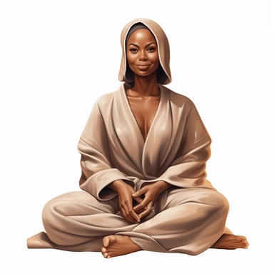 illustration Clipart actionpose of brown skin woman sitting, having a spa day, wearing a spa robe with spa clay on her face, hyperrealistic