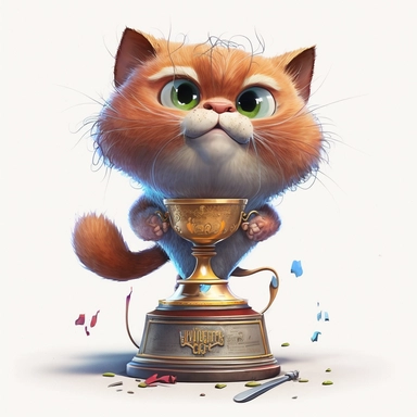 Cute pixar trophy cat, colourful illustration, high definition, 8k, very detailed, fine detail, sharp focus, illustration, white background, clipart