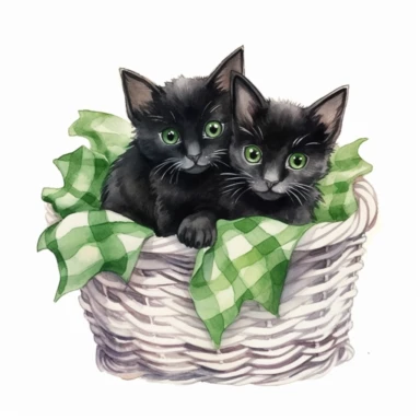 Clipart, watercolor, white background: Two adorable black kittens with bright green eyes, snuggled up together in a cozy Christmas-themed basket.