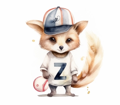 create watercolor clipart of letter z , cute animal in baseball costumes with baseball, incredibly high detail, 16k, gorgeous, white background