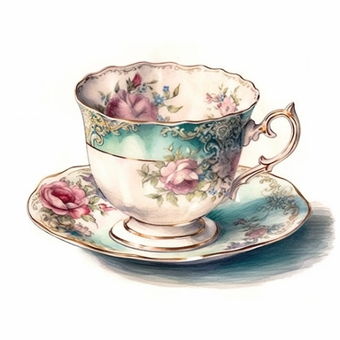 vintage tea cup, hyper realistic, pink, blue, green, watercolor clipart, white background