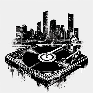 black and white t-shirt designs for Dj Bojkot vector sample with turntable , vinyl records, Los Angeles California backgrund white transparent clipart