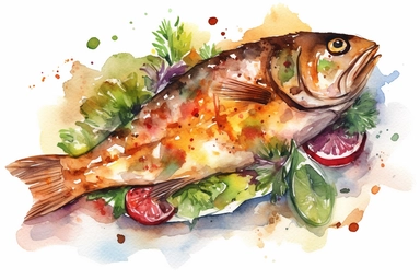 watercolor fried fish with salad clipart, hd, on white background, spaced out