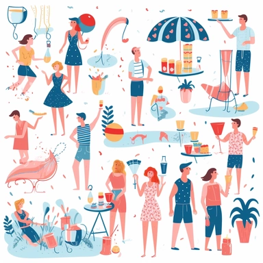 summer holiday party, what are some of the latest trends in illustration and clipart design, handdrawn style, a set of colorful illustration, lots of different elements, white backgrounds, vector illustration style, holiday theme