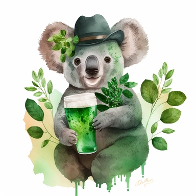 watercolor st patrick's day koala bear, detailed illustration, clip art, 8k